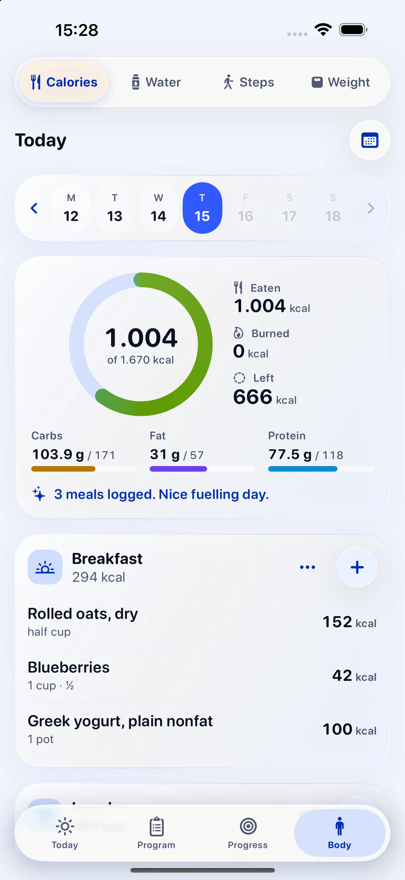 Setfolk food diary with calories, macro totals, and a logged breakfast