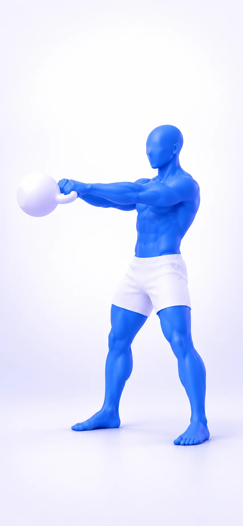 A blue 3D athlete swinging a white kettlebell against a porcelain-white background