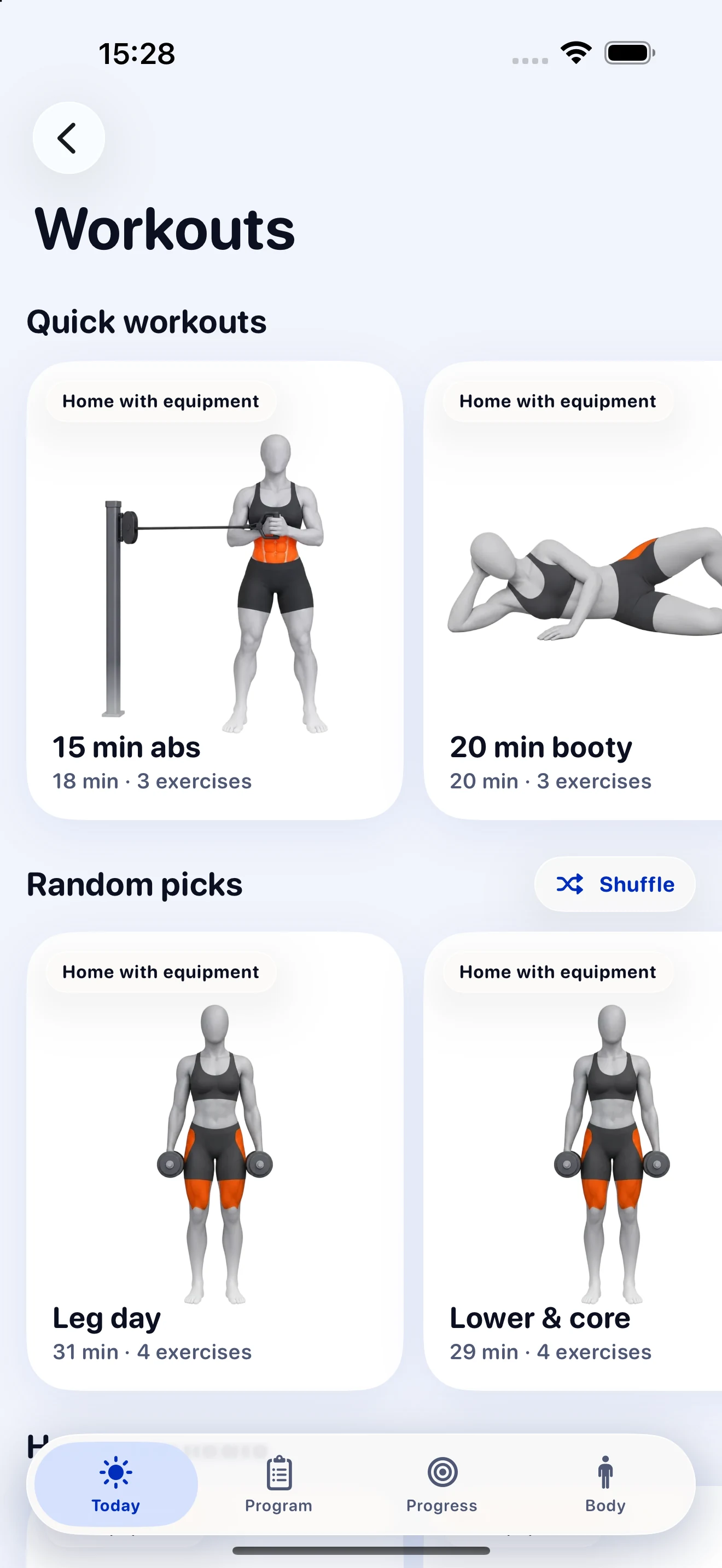 Setfolk workout library showing exercise collections for home training